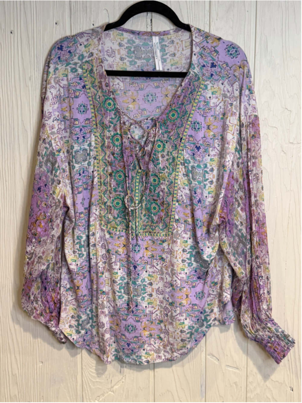 Women's Anthropologie Blouse 1X Purple Green Floral Lace-Up Long Sleeve Top